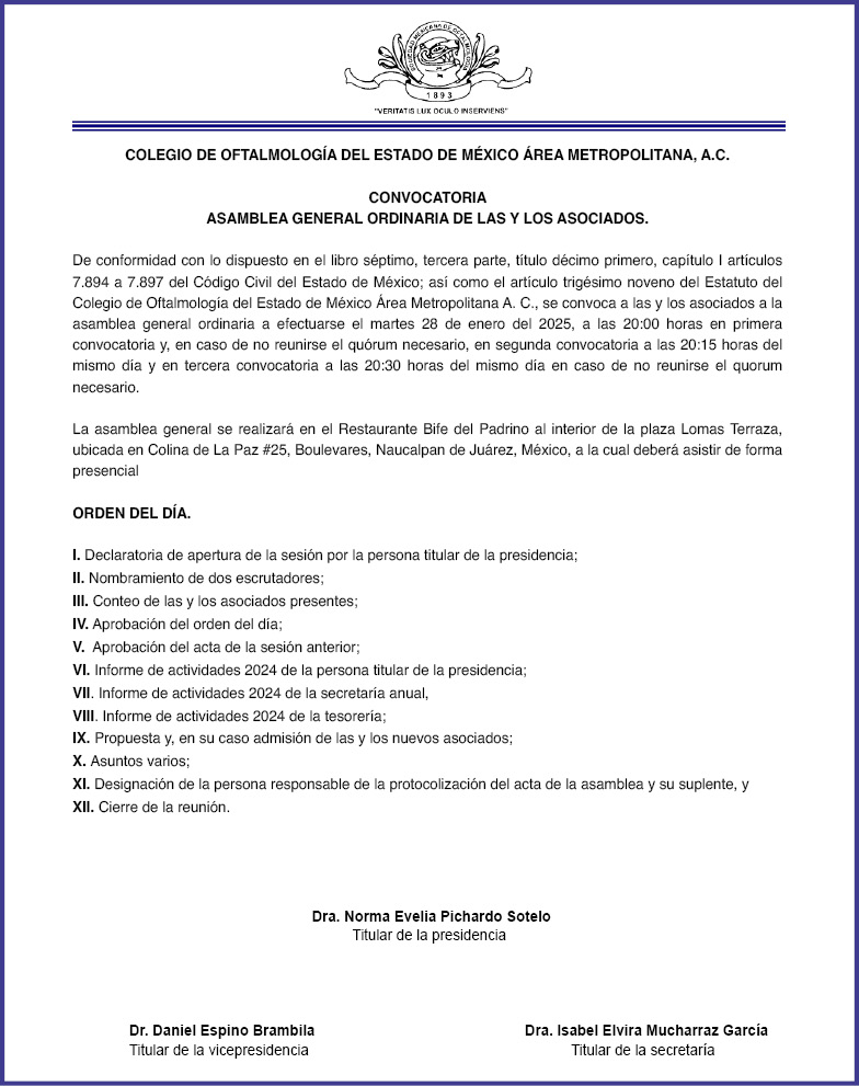 SOCIEDAD,DE,OFTALMOLOGÍA,DEL,ÁREA,METROPOLITANA,NORTE,A.C.CONVOCATORIAASAMBLEA,GENERAL,EXTRAORDINARIA,DE,LAS,Y,LOS,ASOCIADOS