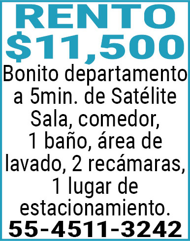 RENTO,$11,500Bonito,departamento,a,5min.,de,Satélite,Sala,comedor,1,baño,área,de,lavado,2,recámaras, 1,lugar,de,estacionamiento.,55-4511-3242