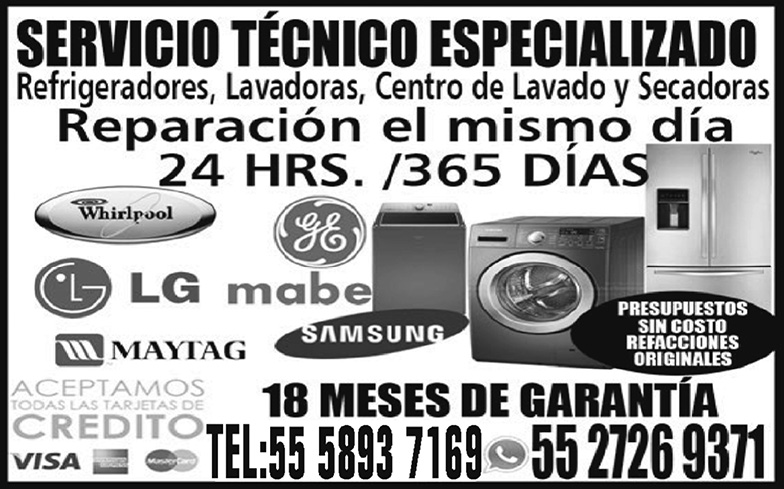 SERVICIO,TÉCNICO,ESPECIALIZADO,REFRIGERADORES,LAVADORAS,CENTRO,DE,LAVADO,Y,SECADORAS,555893-7169,5527269371
