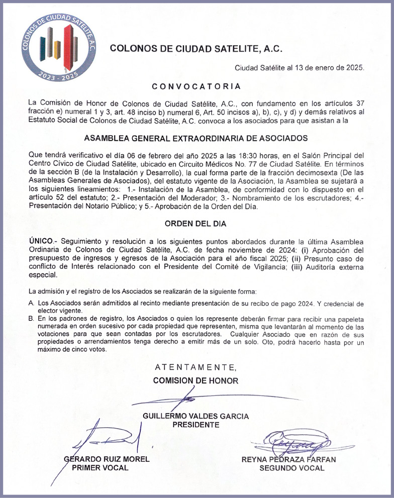 COLONOS,DE,CIUDAD,SATELITE,A.C.CONVOCATORIAASAMBLEA,GENERAL,EXTRAORDINARIA,DE,ASOCIADOS