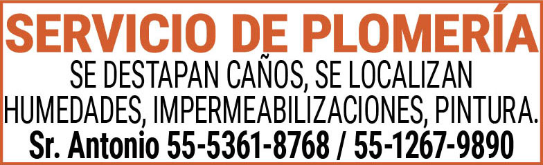 SERVICIO,DE,PLOMERIASE,DESTAPAN,CAÑOS,SE,LOCALIZAN HUMEDADES,IMPERMEABILIZACIONES,PINTURA.Sr.,Antonio,55-5361-8768,/,55-1267-9890