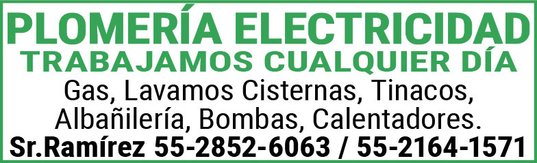 PLOMERIA,ELECTRICIDAD,TRABAJAMOS,CUALQUIER DÍA Gas,Lavamos,Cisternas,Tinacos,Albañileria,Bombas,Calentadores.Sr.,Ramírez,55-2852-6063,/ 55-2164-1571