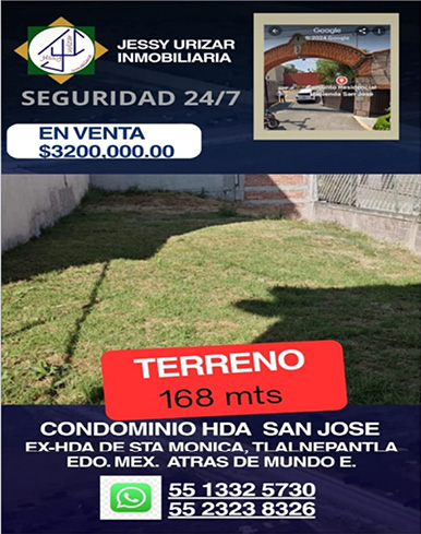 En venta$3,200,000.00terreno 168mts55-1332-573055-2323-8326